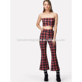 Plaid Strapless Top &amp; Flare Hem Calças Set Fabricação Atacado Moda Feminina Vestuário (TA4038SS)